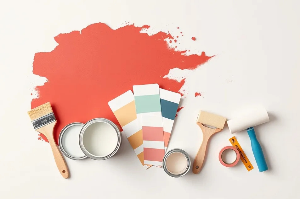 Pots de peinture, nuancier, brosses et rouleaux disposés à plat