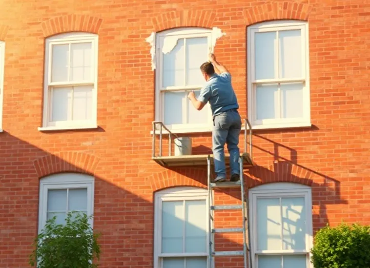 Peintre sur échafaudage traitant la façade d'une maison